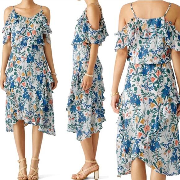 Parker Silk Cold Shoulder Floral Midi Dress Womens Size M Blue Asymmetrical - Picture 3 of 8